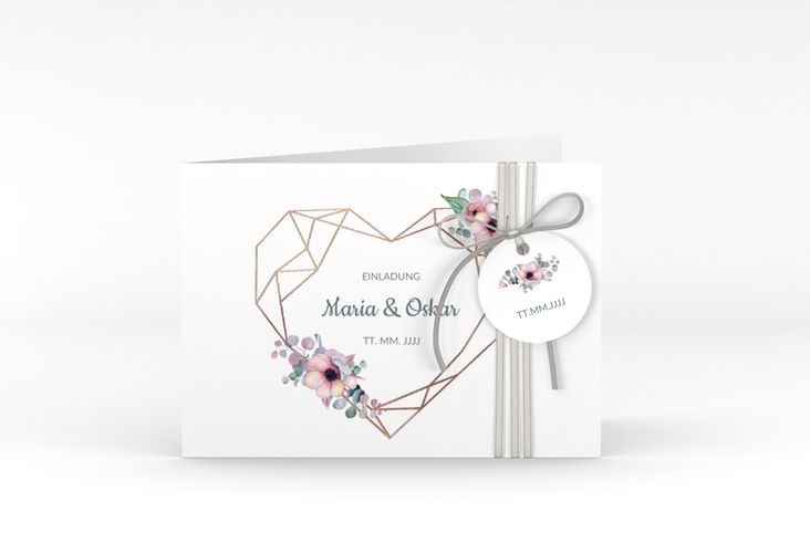 Hochzeitseinladung Herzgold A6 Klappkarte quer rosegold