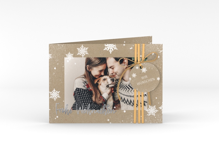 Weihnachtskarte Schneezauber A6 Klappkarte quer silber mit Foto und Schneeflocken