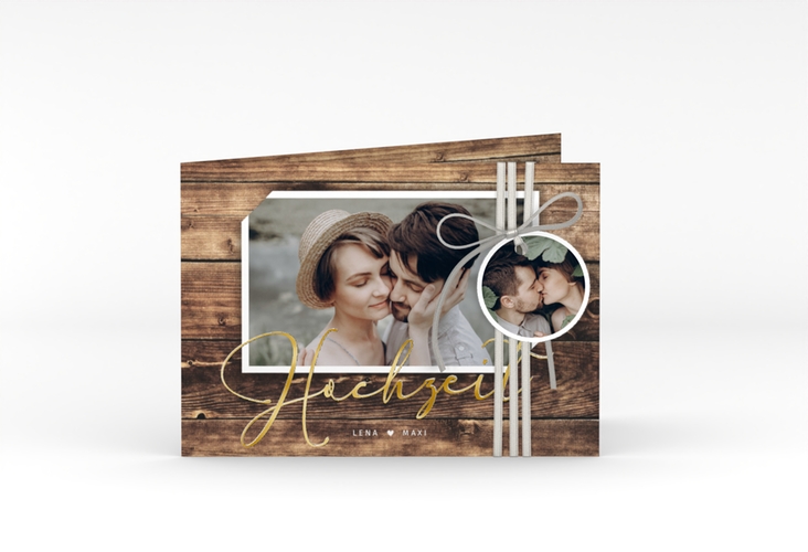 Hochzeitseinladung Rustic A6 Klappkarte quer gold in Holz-Optik mit Foto