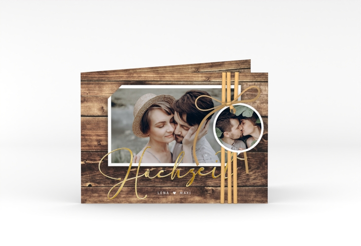 Hochzeitseinladung Rustic A6 Klappkarte quer gold in Holz-Optik mit Foto