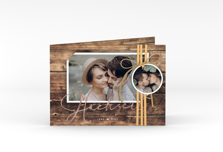 Hochzeitseinladung Rustic A6 Klappkarte quer rosegold in Holz-Optik mit Foto