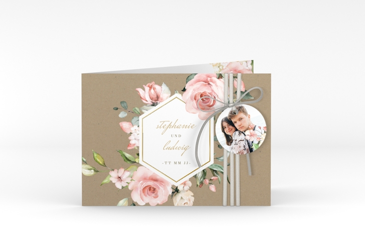 Einladung Hochzeit Graceful A6 Klappkarte quer gold mit Rosenblüten in Rosa und Weiß