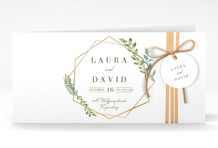 Hochzeitseinladung Herbarium lange Klappkarte quer gold gold mit geometrischem Rahmen und Blätter-Dekor