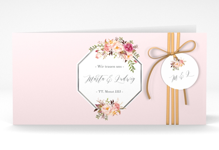 Hochzeitseinladung Prachtvoll lange Klappkarte quer rosa silber