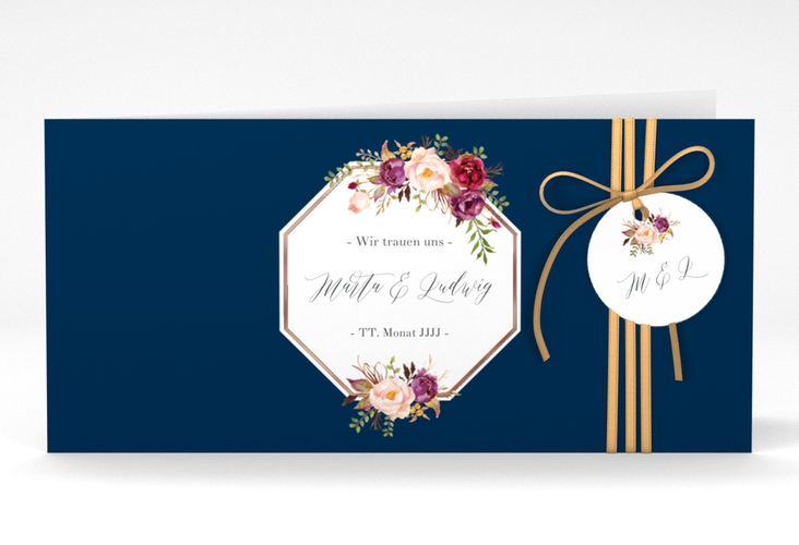 Hochzeitseinladung Prachtvoll lange Klappkarte quer blau rosegold