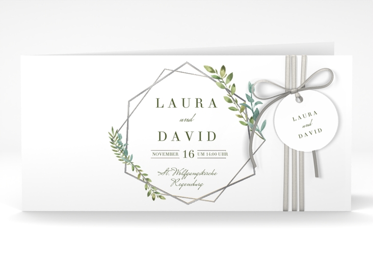 Hochzeitseinladung Herbarium lange Klappkarte quer gold silber mit geometrischem Rahmen und Blätter-Dekor