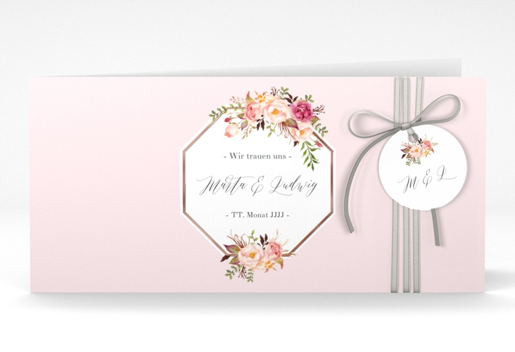 Hochzeitseinladung Prachtvoll lange Klappkarte quer rosa rosegold