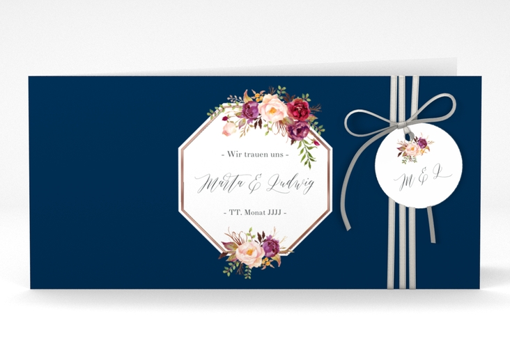 Hochzeitseinladung Prachtvoll lange Klappkarte quer blau rosegold