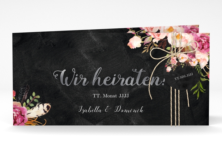 Hochzeitseinladung Flowers lange Klappkarte quer schwarz silber mit bunten Aquarell-Blumen