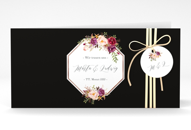 Hochzeitseinladung Prachtvoll lange Klappkarte quer schwarz rosegold