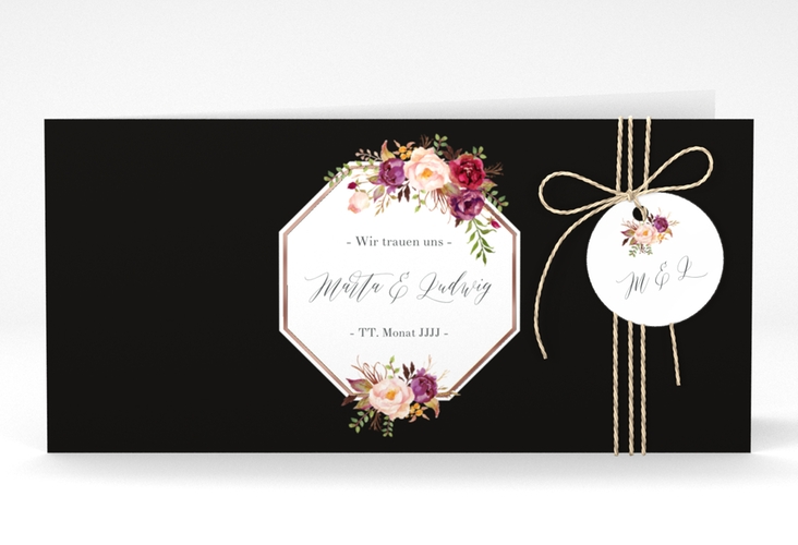 Hochzeitseinladung Prachtvoll lange Klappkarte quer schwarz rosegold