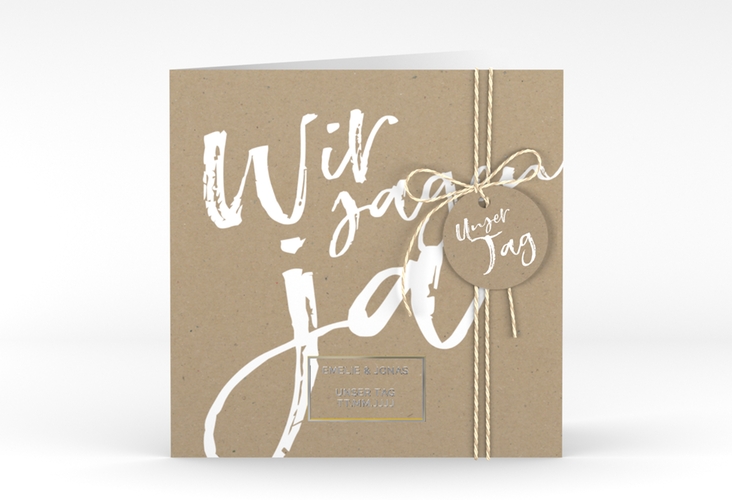 Hochzeitseinladung Words quadr. Klappkarte Kraftpapier silber modern mit Brush-Schrift