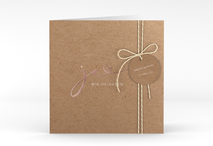Hochzeitseinladung Jawort quadr. Klappkarte Kraftpapier rosegold modern minimalistisch mit veredelter Aufschrift