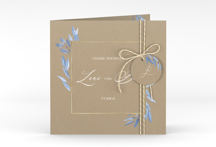 Hochzeitseinladung Classicblue quadr. Klappkarte Kraftpapier gold