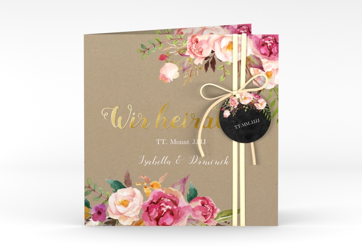 Hochzeitseinladung Flowers quadr. Klappkarte Kraftpapier gold mit bunten Aquarell-Blumen