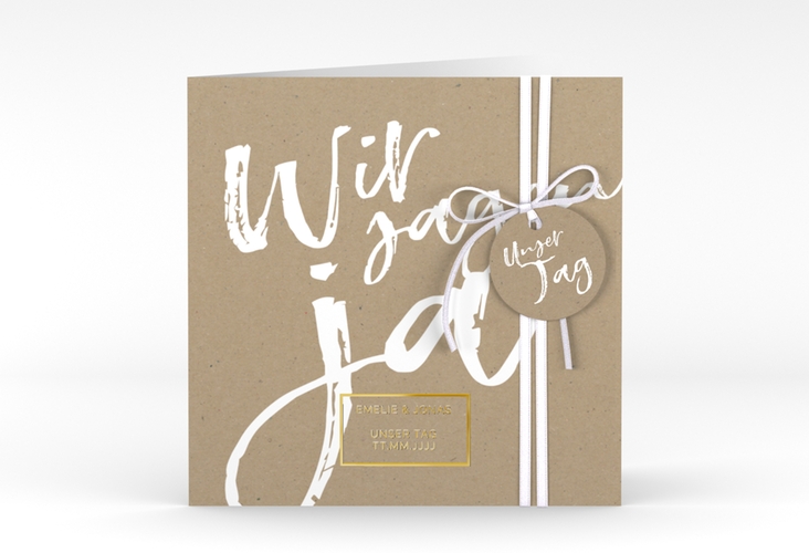 Hochzeitseinladung Words quadr. Klappkarte Kraftpapier gold modern mit Brush-Schrift