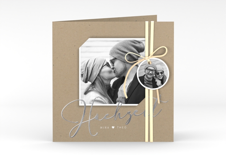 Hochzeitseinladung Crafty quadr. Klappkarte Kraftpapier silber mit Foto
