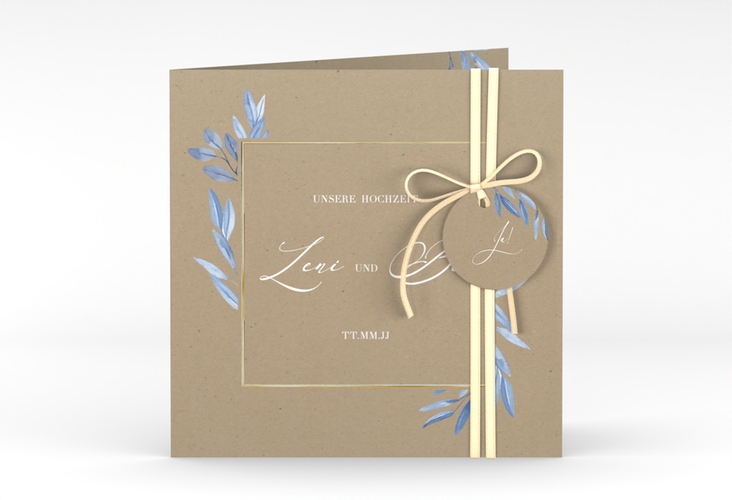 Hochzeitseinladung Classicblue quadr. Klappkarte Kraftpapier gold