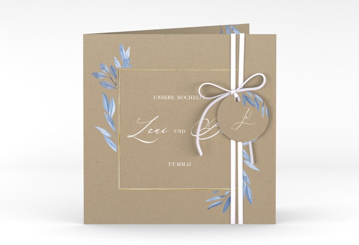 Hochzeitseinladung Classicblue quadr. Klappkarte Kraftpapier gold