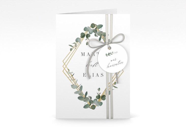 Einladungskarte Hochzeit Eukalyptus A6 Klappkarte hoch weiss gold