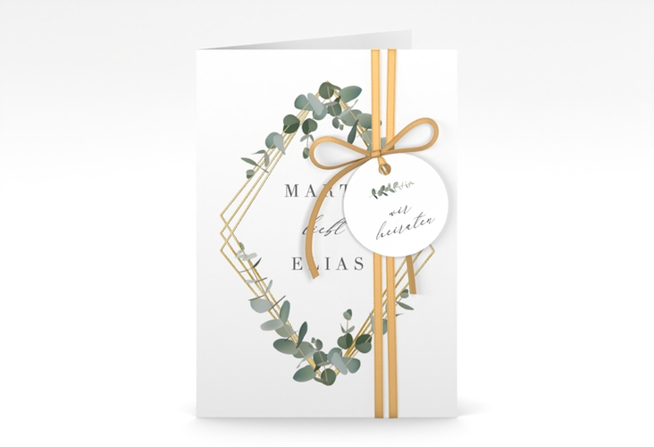 Einladungskarte Hochzeit Eukalyptus A6 Klappkarte hoch weiss gold