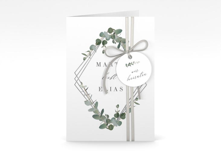 Einladungskarte Hochzeit Eukalyptus A6 Klappkarte hoch weiss silber