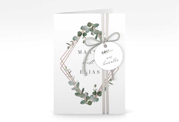 Einladungskarte Hochzeit Eukalyptus A6 Klappkarte hoch weiss rosegold