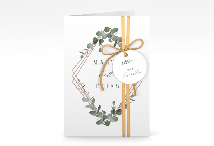 Einladungskarte Hochzeit Eukalyptus A6 Klappkarte hoch weiss rosegold