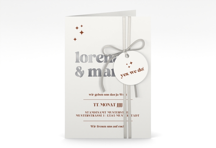 Einladungskarte Hochzeit Retro A6 Klappkarte hoch weiss silber