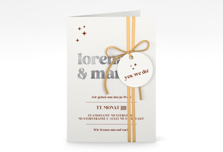 Einladungskarte Hochzeit Retro A6 Klappkarte hoch weiss silber