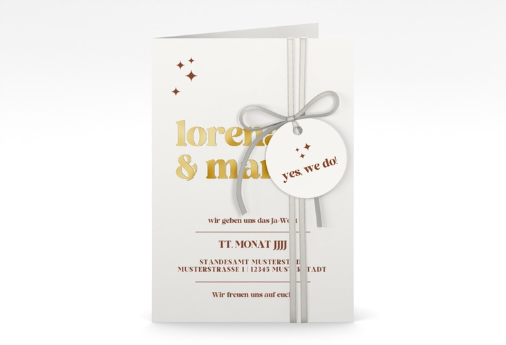 Einladungskarte Hochzeit Retro A6 Klappkarte hoch weiss gold