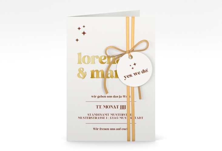 Einladungskarte Hochzeit Retro A6 Klappkarte hoch weiss gold