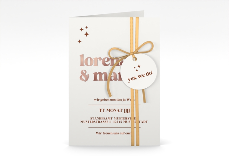 Einladungskarte Hochzeit Retro A6 Klappkarte hoch weiss rosegold