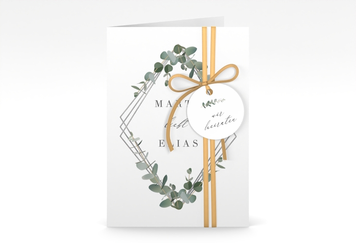 Einladungskarte Hochzeit Eukalyptus A6 Klappkarte hoch weiss silber