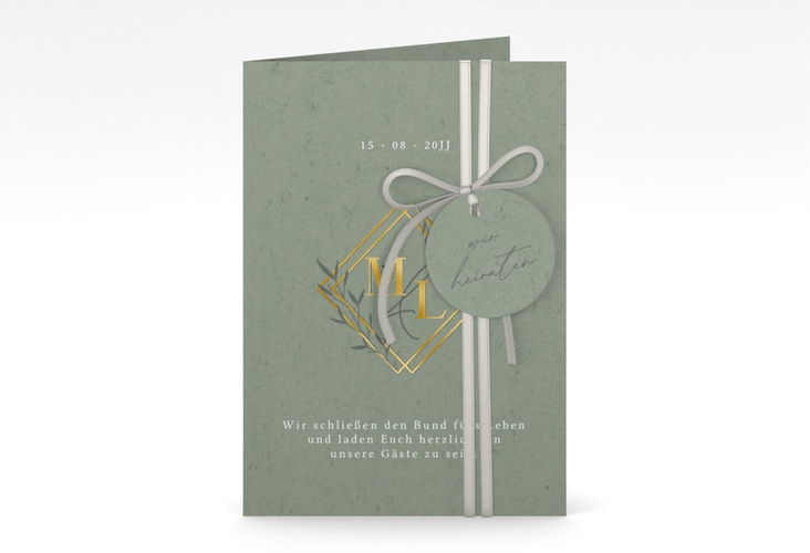 Hochzeitseinladung Greenletter A6 Klappkarte hoch gruen gold mit Initialen in elegantem Goldrahmen mit Blättern