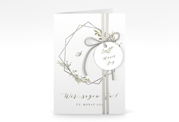 Einladungskarte Hochzeit Acacia A6 Klappkarte hoch weiss silber