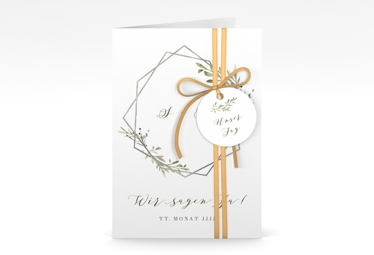 Einladungskarte Hochzeit Acacia A6 Klappkarte hoch weiss silber