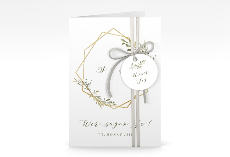 Einladungskarte Hochzeit Acacia A6 Klappkarte hoch weiss gold