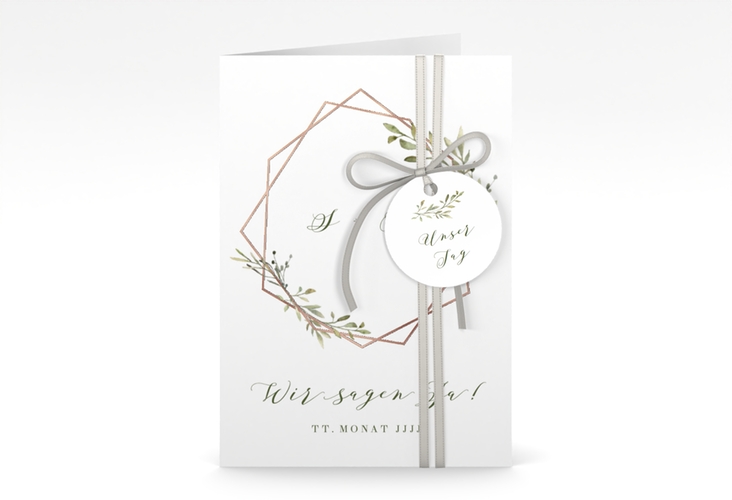 Einladungskarte Hochzeit Acacia A6 Klappkarte hoch weiss rosegold