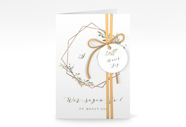 Einladungskarte Hochzeit Acacia A6 Klappkarte hoch weiss rosegold