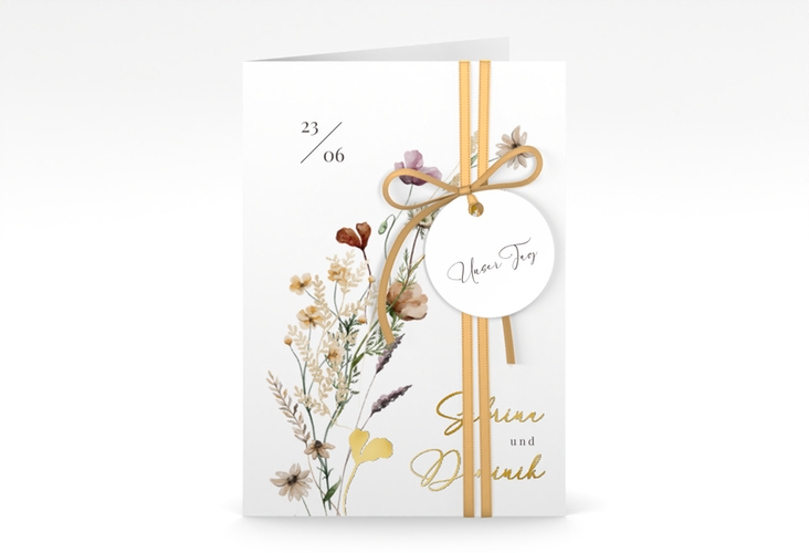 Einladungskarte Hochzeit Sauvages A6 Klappkarte hoch weiss gold mit getrockneten Wiesenblumen