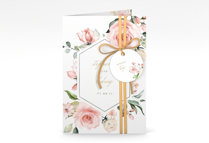 Einladungskarte Hochzeit Graceful A6 Klappkarte hoch weiss silber mit Rosenblüten in Rosa und Weiß