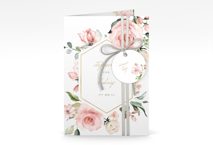 Einladungskarte Hochzeit Graceful A6 Klappkarte hoch weiss gold mit Rosenblüten in Rosa und Weiß