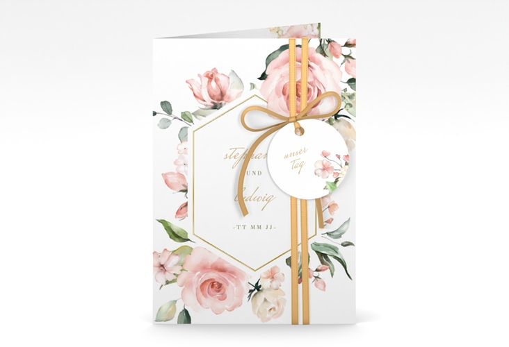 Einladungskarte Hochzeit Graceful A6 Klappkarte hoch weiss gold mit Rosenblüten in Rosa und Weiß