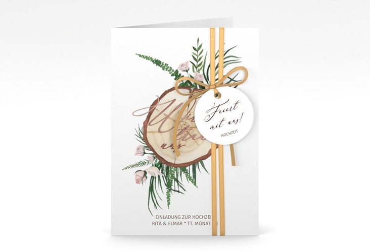 Einladungskarte Hochzeit Woodland A6 Klappkarte hoch weiss rosegold