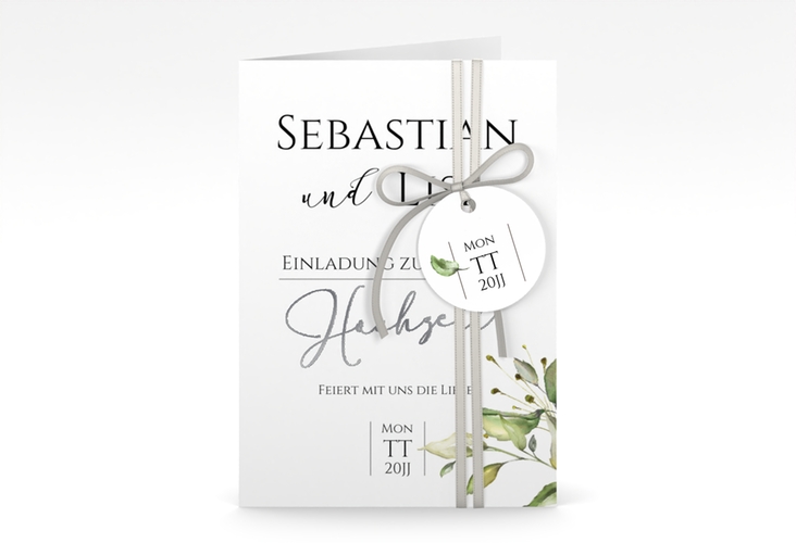 Einladungskarte Hochzeit Leaves A6 Klappkarte hoch weiss silber