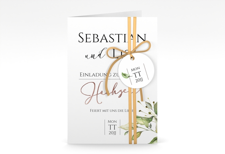 Einladungskarte Hochzeit Leaves A6 Klappkarte hoch weiss rosegold