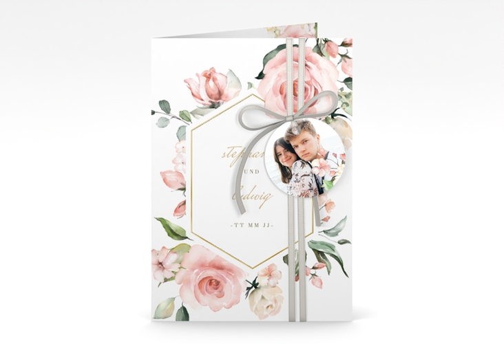 Einladungskarte Hochzeit Graceful A6 Klappkarte hoch weiss gold mit Rosenblüten in Rosa und Weiß