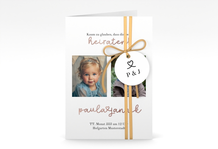 Einladungskarte Hochzeit Kindheitsfotos A6 Klappkarte hoch weiss rosegold
