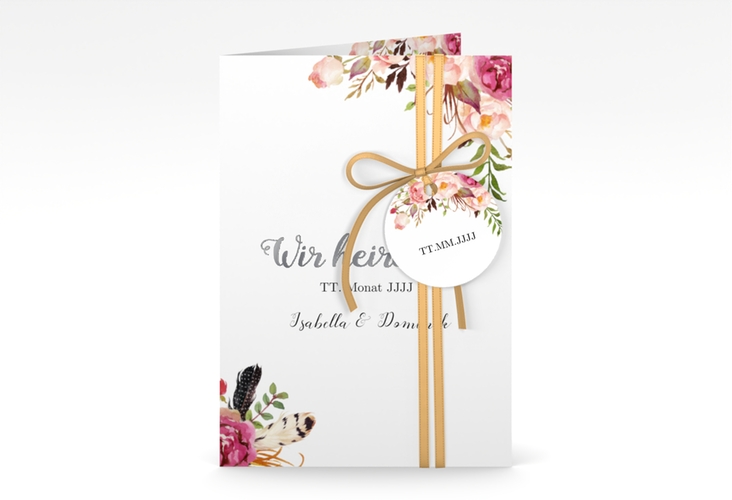 Einladungskarte Hochzeit Flowers A6 Klappkarte hoch weiss silber mit bunten Aquarell-Blumen